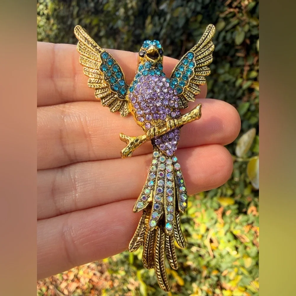 Gold-Tone Crystal Parrot Brooch - Purple & Teal